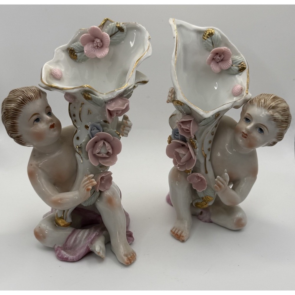 VTG MINT Set 2 Porcelain Lenwile Ardalt-like Figurines Cherub Cornucopia Flower